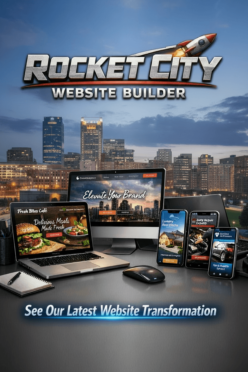 Rocket City Website Builder logo above devices displaying professional website designs against a city skyline.