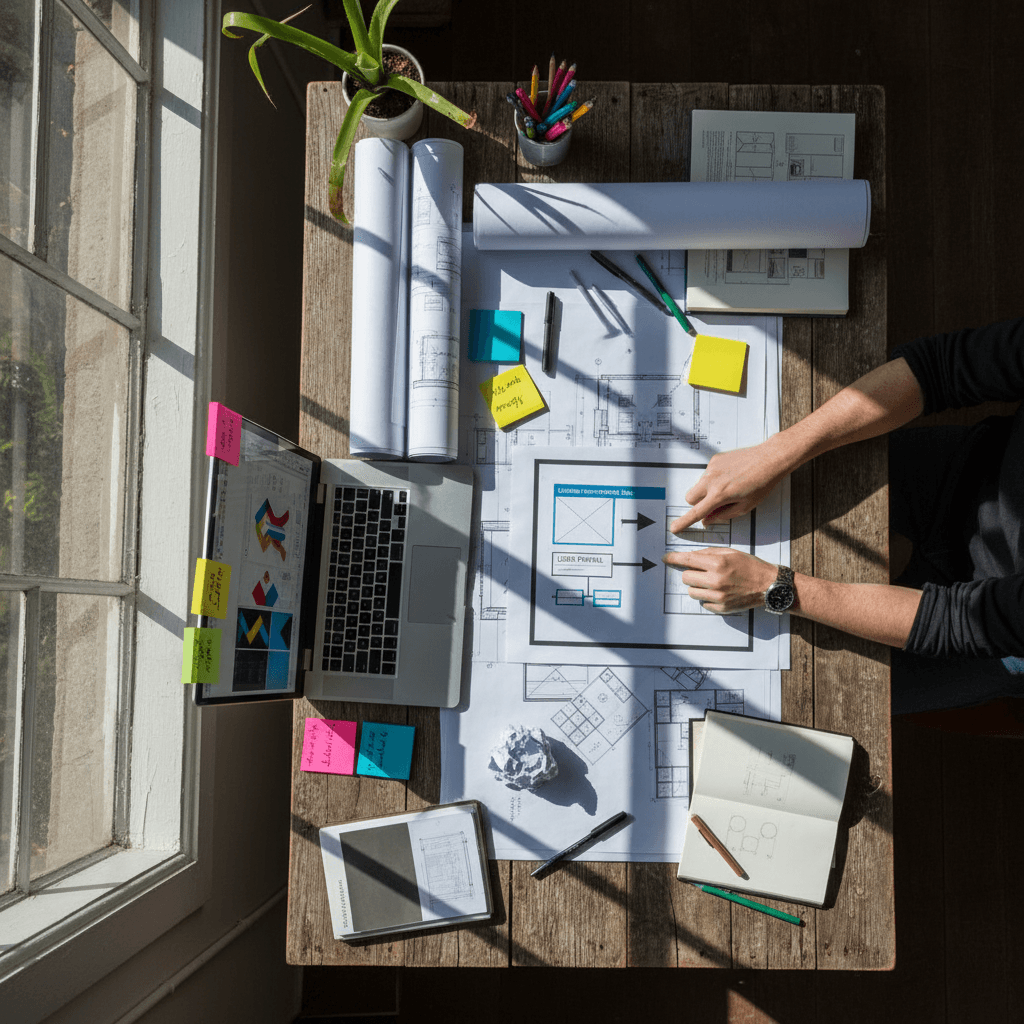 Strategic website planning with wireframes and design sketches