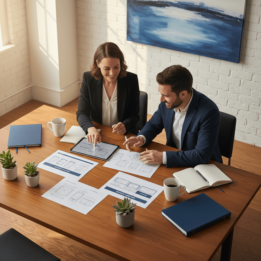 Business owner and web developer collaborating on website strategy