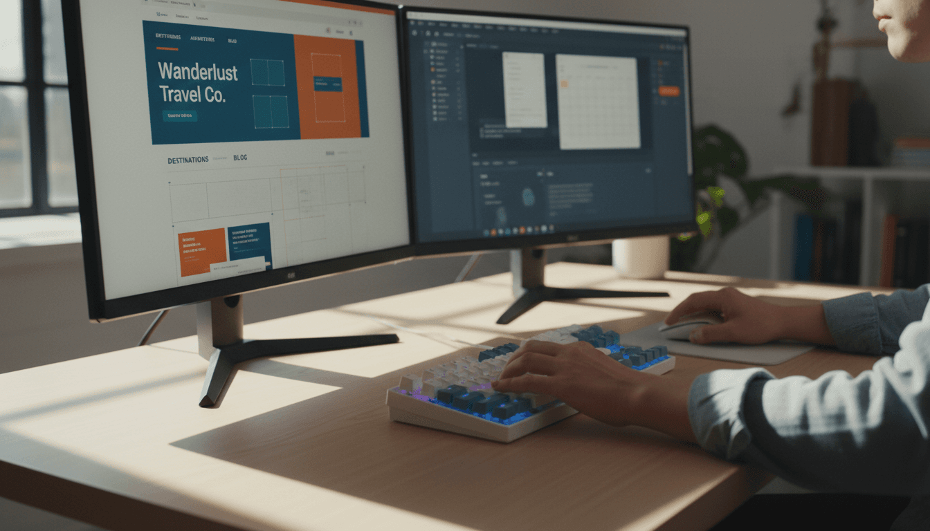 Web designer working on custom website design at desk with dual monitors